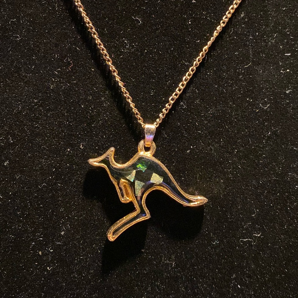 Gold Tone Kangaroo Pendant Necklace Iridescent Inlay Vintage Style